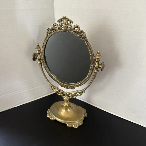 Vintage Ornate Brass/Metal Vanity Stand Mirror Swivel Victorian Style Cover
