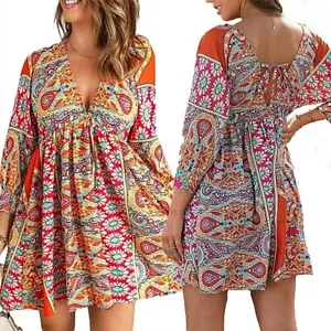 Women's Bohemian Short Floral Dress V-Neck, 3/4 Sleeve Outfit Size S - Picture 1 of 15