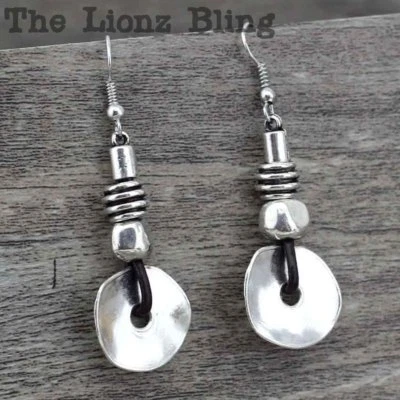 Urban Rustic Hammered Silver Pendant / Accents on Brown Leather Dangle Earrings  - Image 1 of 4