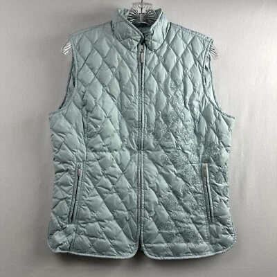 Chaleco de Plumón de Ganso Eddie Bauer Para Mujer Acolchado Bordado Talla M Alto Aqua Bolsillo con Cremallera Foto 1 de 4