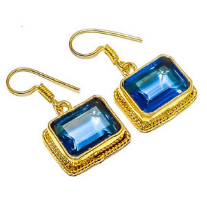 Blue Sapphire (Simulated) 925 Silver 18k Yellow Gold Plated Earring 1.37" E4-165