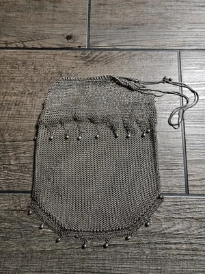 罕见古董德国银色链邮件抽绳风格钱包袋链珠 — 第 1/4 张图片