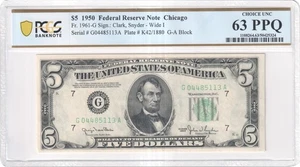 1950 $5 Federal Reserve Note - Chicago District - Wide I - 63 PPQ (Graded) - Picture 1 of 8