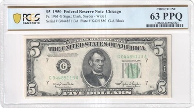 1950 $5 Federal Reserve Note - Chicago District - Wide I - 63 PPQ (Graded) - Image 1 of 4