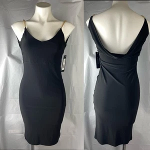 New Bebe Cowl Back Cocktail Metal Gold Chain Strap Dress Black Made In USA Sz 4 - Picture 1 of 10