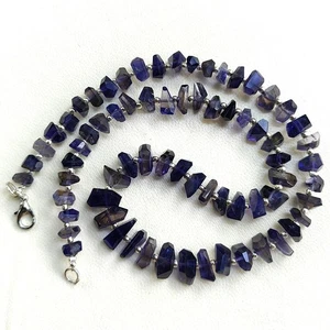 Natural Iolite Gemstone 6 to 10 mm Size Faceted Nugget Shape Beads 17" Necklace - Picture 1 of 9