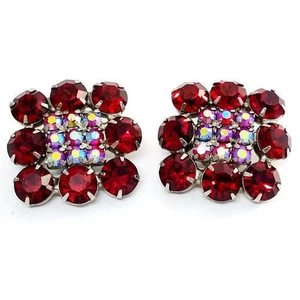 Square Red Rhinestone Clip On Earrings AB Iridescent MCM Vintage 60s Silver Tone - Picture 1 of 10
