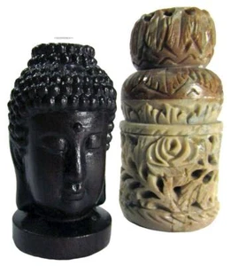 Ebony Buddha Head Miniature & Carved Soapstone Incense Holder Container - Picture 1 of 11
