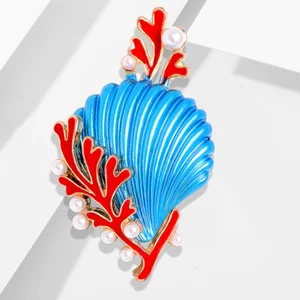 Women's White/Blue Enamel Faux Pearl Coral Shell Brooch Pin - Picture 1 of 5