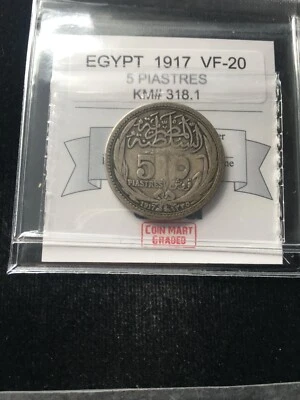 Egypt  1917,  5 Piastres, Coin Mart Graded**VF-20**KM# 318.1 - Image 1 of 4