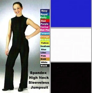 Sleeveless Jumpsuit Dance Costume WHITE BLACK or ROYAL High Neck Unitard - Picture 1 of 11