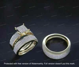 His & Her Trio Wedding Ring Set 3Ct Lab-Created Diamond 14k Yellow Gold Finish - Picture 1 of 8