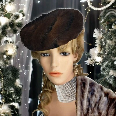 Sombrero Julieta Vintage Piel de Visón y Terciopelo Etiqueta Unión por Patrice Fascinator Luxe Ol Foto 1 de 4