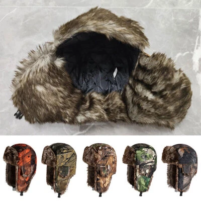 Winter Camo Faux Fur Hat Russia Trapper Trooper Warm Earflap Ski Cap USAA - Image 1 of 4
