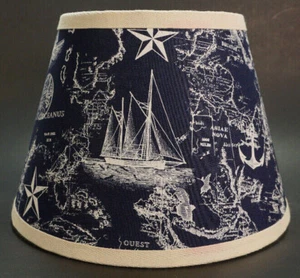 Nautical White Ship Map Anchor Star on Navy Fabric Lampshade Lamp Shade - Picture 1 of 7
