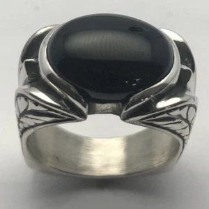 MJG STERLING SILVER 16 X 12MM BLACK ONYX CAB. RING.ANTIQUE ENGRAVED. SZ 9 1/2 - Picture 1 of 7