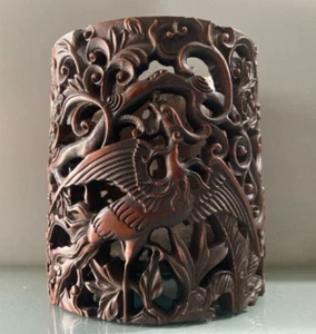 Chinese Exquisite carved Phoenix statue Hollow out Natural bamboo Pen Brush pot - Picture 1 of 9