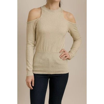 bebe Mock Neck Cold Shoulder Metallic Knit Long Sleeve Top - Image 1 of 4