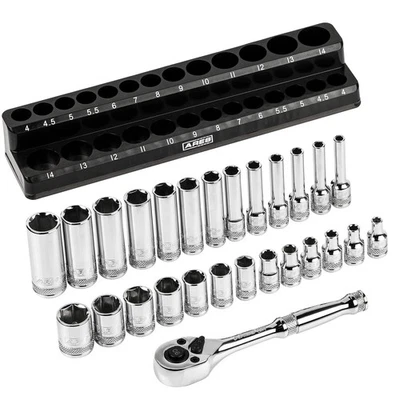 47003-28-Piece 1/4-inch Drive Metric Socket and 90-Tooth Ratchet Set with Mag... - Image 1 of 4