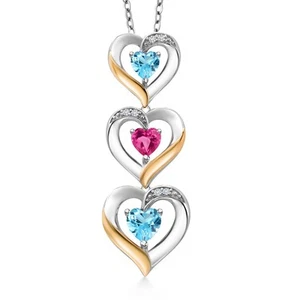 925 Silver and 10k Yellow Gold Swiss Blue Topaz Pink Created Sapphire and White - Picture 1 of 3
