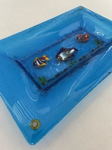 Murano Art Glass Millefiori Blue Fish Trinket Candy Dish Serving Plate 10.5" - Picture 1 of 14