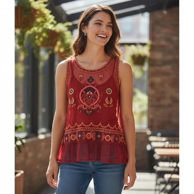 Top Coco + Jaimeson Mujer L Rojo Bordado Malla Transparente Volantes Boho Chic Festival Foto 1 de 4