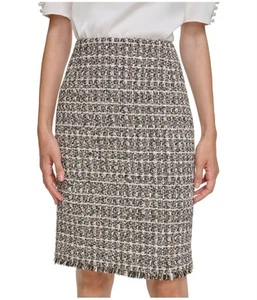Calvin Klein Womens Boucle Knit Zip Back Fringe Trim Pencil Skirt - Picture 1 of 1