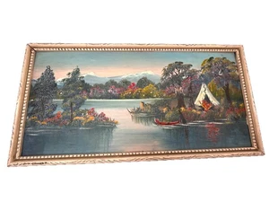 Orig ÖLGEMÄLDE Indianer Tipi Flussufer Berg G Antone Obsler-Iowa - Bild 1 von 12