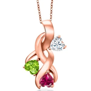 18K Rose Gold Plated Silver White Moissanite and Peridot and Created Ruby - Picture 1 of 6