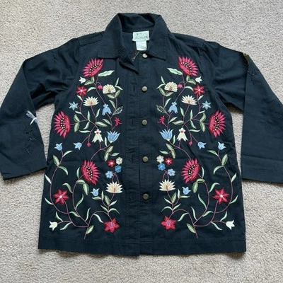 Embroidery Beaded Oversized Black Denim Jacket Flowers & Dragonflies Size Small - Image 1 of 4