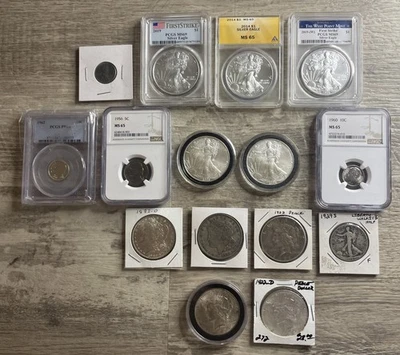 US Coin Lot- 9.0+ Oz. of Silver, ASEs, Morgans, Peace, Silver Graded Coins, Misc - Image 1 of 4