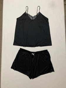 FLORA Lace Cami & Tap Shorts Pajama Set BLACK L - Picture 1 of 4