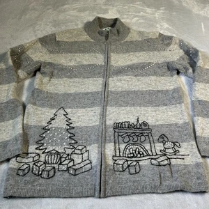 Vtg Quacker Factory Christmas Cardigan Womens XS Gray Zip Wool Rabbit Hair Bling - Picture 1 of 13