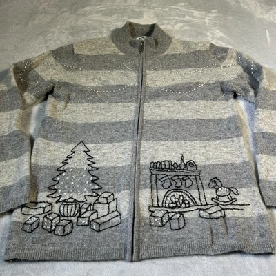 Vtg Quacker Factory Christmas Cardigan Womens XS Gray Zip Wool Rabbit Hair Bling - Image 1 of 4