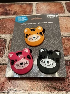 Set Of 3 Chip Clips. Tiger, Cat, Kitten, Feline, Pink, Gray, Yellow. Strong Grip - Picture 1 of 6