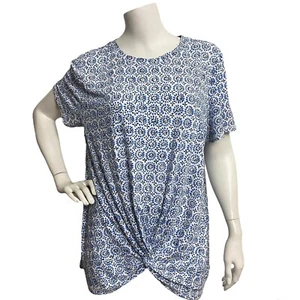 T by Talbots Women's Extra Large Twisted Top White Blue Geometric Blouse Soft - Picture 1 of 10