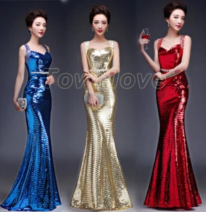 Womens Sexy Sequins Mermaid Party Ball Gown Fishtail Double Shoulder Long Dress - Picture 1 of 24