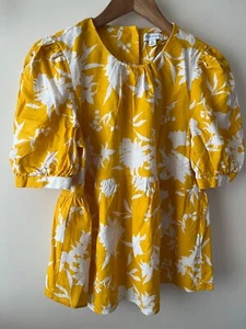 Warehouse Top Size 10 Yellow Floral Linen Button Back Short Sleeve Formal Summer - Picture 1 of 8