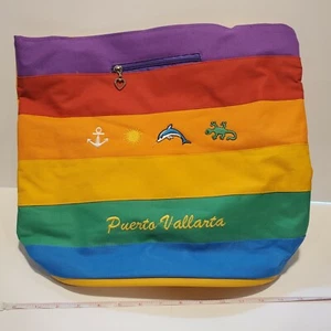 PUERTO VALLARTA PV * Rainbow PRIDE BEACH BAG 15" X 13" * shoulder strap MEXICO - Picture 1 of 10