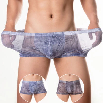 2PCS Men Ultra-thin See Through Denim Print Shorts Boxer Briefs Trunks Underwear - Image 1 of 4