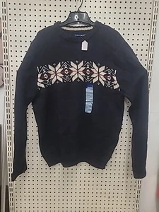 Basic Edition Men's Sweater Size Large Dark Blue With Snowflakes - Picture 1 of 7