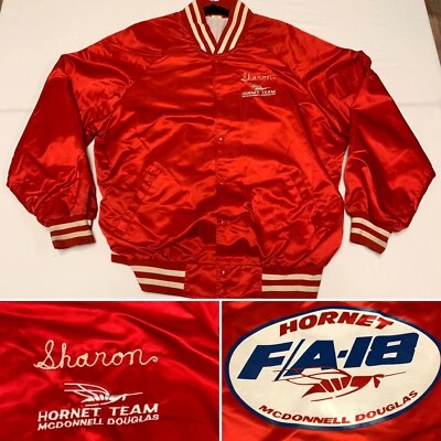 RARE Vintage McDonnell Douglas F/A-18 Hornet Team Satin Jacket XL ‘Sharon’ Red - Image 1 of 4