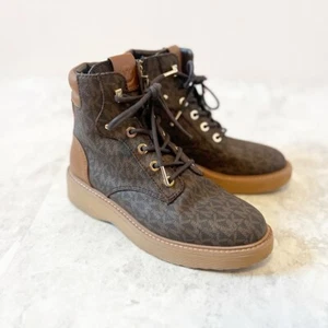 Michael Michael Kors Trudy Logo Boots Initials Brown Lace Up Womens 7.5 Booties - Picture 1 of 9