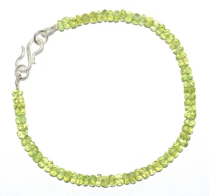 Green Peridot Gemstone 4-5 mm Round Beads 925 Fine Silver 9" Strand Bracelet G-8 - Picture 1 of 6