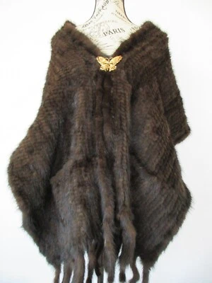 Gorgeous Knitted Brown Mink Fur Shawl Wrap with Fringe & Pockets - Image 1 of 4