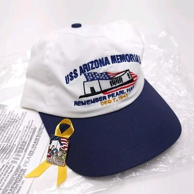 珍珠港号 USS 亚利桑那州纪念帽和徽章棒球帽白色蓝色全新 — 第 1/4 张图片