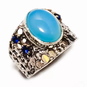 Chalcedony - Brazil & Blue Sapphire Silver Handmade Jewelry Ring s.8 T88 - Picture 1 of 1