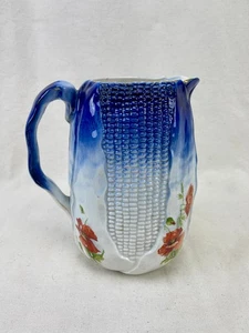 Antiker fließender blauer Maiskrug mit Mohnblumen & Goldrand, 8" LaFrancaise Stil - Bild 1 von 15