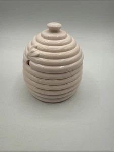 Shell Pink Milk Glass Jeannette Beehive Honey Jar 2 Bees W Lid Slot For Spoon - Picture 1 of 12