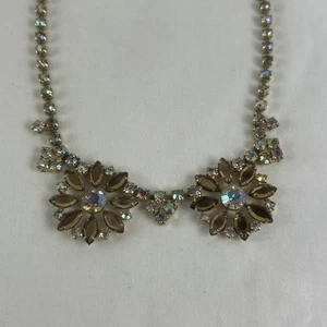 Double Flower Choker Necklace 16” Amber Clear Rhinestones Adjustable - Picture 1 of 10